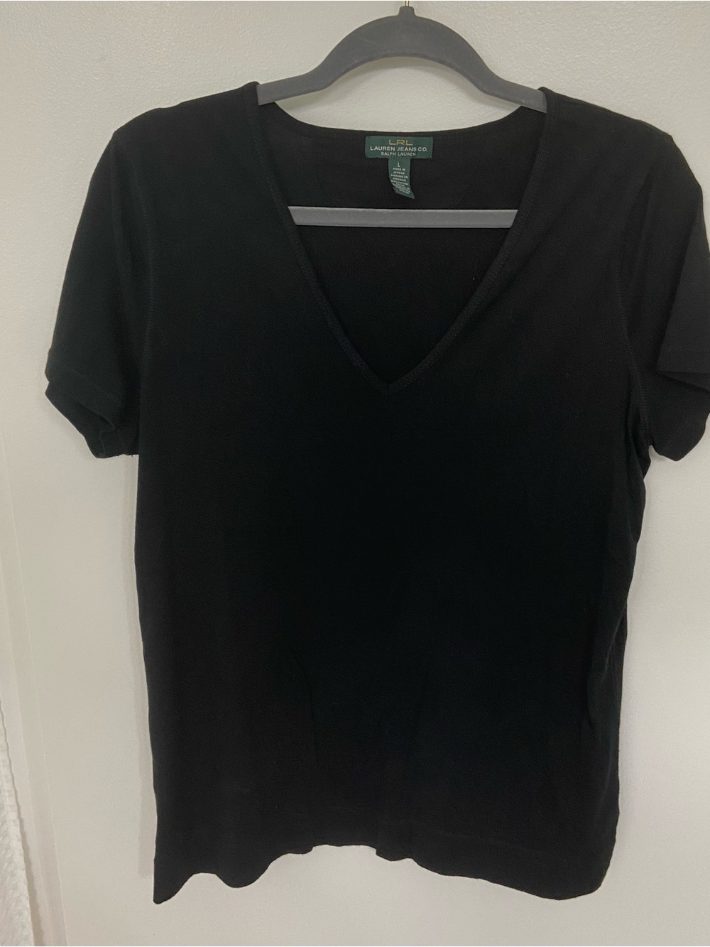 LRL Lauren Ralph Lauren Black V Neck Tee Shirt Women’s Large Cotton